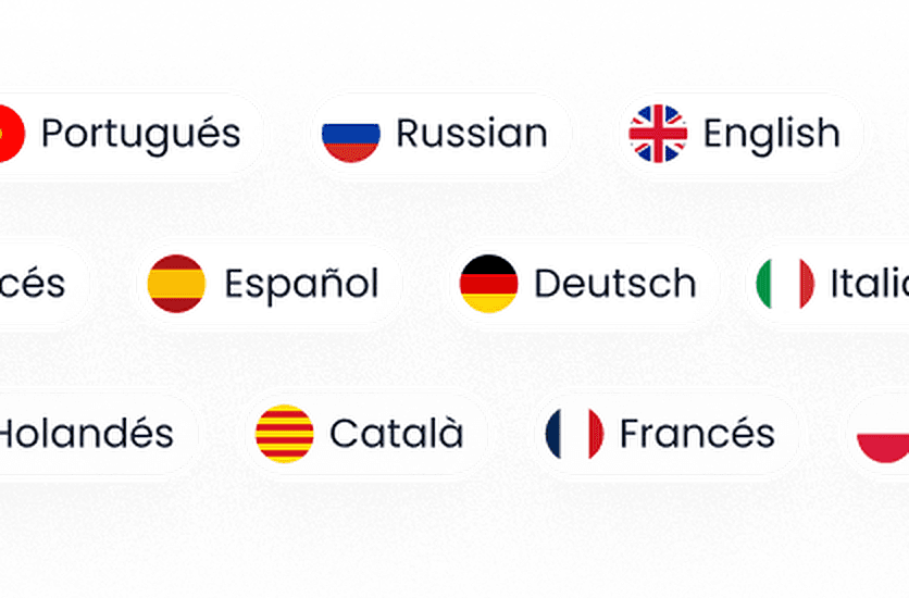Botones de idioma de la carta digital de PowerUp Menu, cada uno con su bandera: portugués, ruso, inglés, español, alemán, italiano, holandés, catalán y francés.