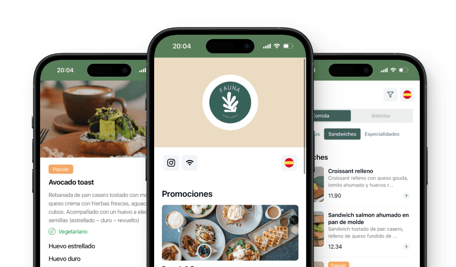 Tres móviles con una carta digital: platos con foto, promociones y secciones.