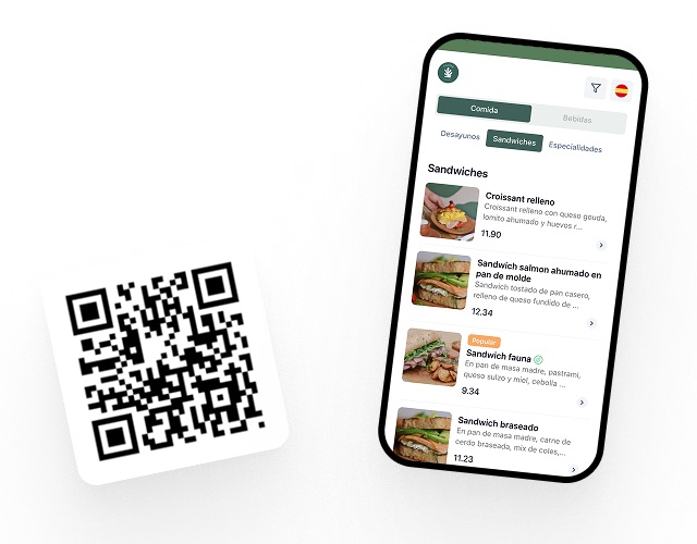 Un código QR y, a su lado, un móvil con la carta digital abierta en la sección de sándwiches, con la foto, la descripción y el precio de cada plato: la carta se abre en el navegador, sin instalar nada.