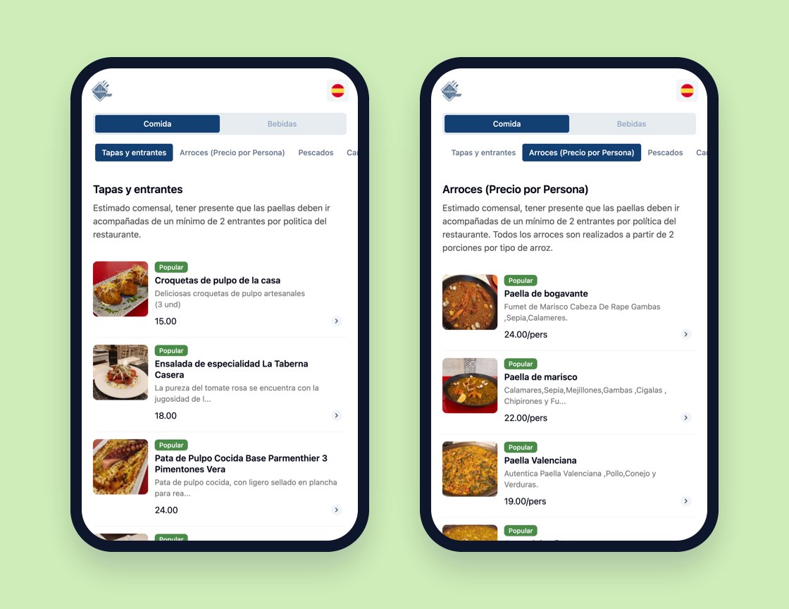 Dos pantallas de la carta digital de La Taberna Casera en el móvil, en las secciones Tapas y entrantes y Arroces: cada plato lleva su foto, su descripción y su precio, como las croquetas de pulpo o la paella valenciana. El cliente ve cómo es el plato antes de pedírselo al camarero.