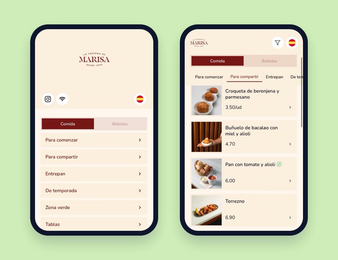 Dos pantallas de la carta digital de La Taberna de Marisa en el móvil. En la portada, el logo de la casa y las secciones de la carta; en la sección Para compartir, cada plato con su foto y su precio. Todo va en el granate y el crema del restaurante: la carta digital lleva su imagen.